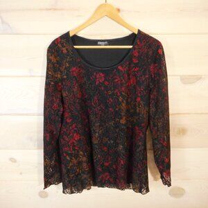 Biyaycda Women sz 1X Blouse Black Red Lace Sheer Long Sleeve Autumn Fall Colors